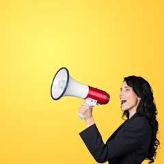 1950s style housewife yelling into a megaphone - isolated image