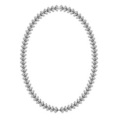 Oval heraldic wreath of laurel branches, monochrome contour isolated image.