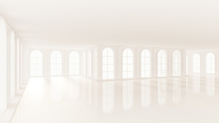 Luxurious white empty interior with windows. 3d illustration, 3d rendering.