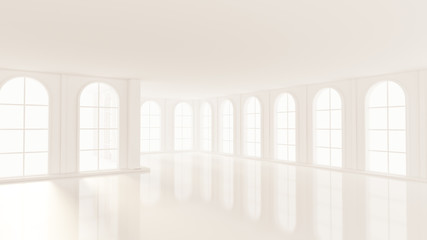 Luxurious white empty interior with windows. 3d illustration, 3d rendering.