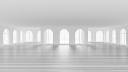 Luxurious white empty interior with windows. 3d illustration, 3d rendering.