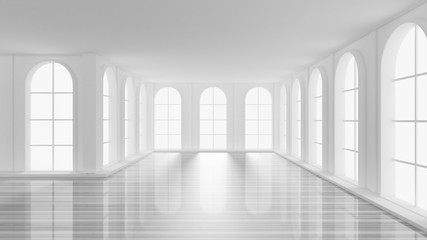 Luxurious white empty interior with windows. 3d illustration, 3d rendering.