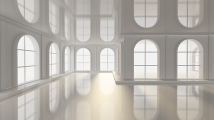 Luxurious white empty interior with windows. 3d illustration, 3d rendering.