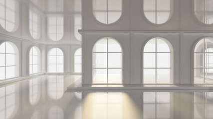 Luxurious white empty interior with windows. 3d illustration, 3d rendering.