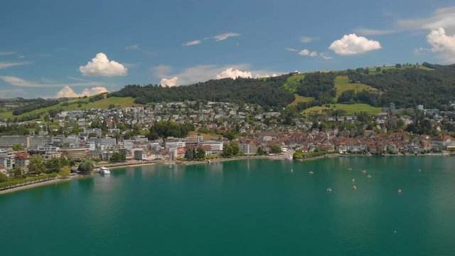 Aerial view of Zug old town with colorful houses, Zugersee and Rigi mountain, Zug, Switzerland, Europe. 
