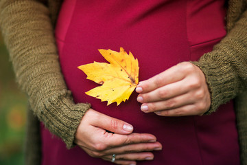 A pregnant woman holds a yellow leaf on her tummy. Autumn colors