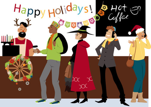 People in line to a cash register in a coffee shop, celebrating religious diversity during holiday season EPS 8 vector illustration