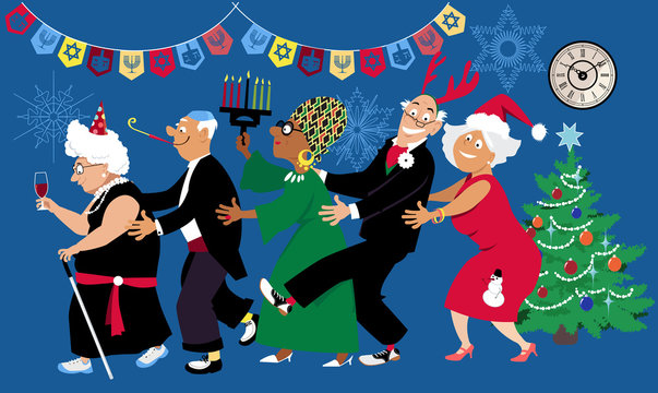 Senior citizens celebrate a multi denominational winter holidays at retirement home or a community center with diverse  friends, EPS 8 vector illustration