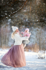 Beautiful Mother and daughter winter portrait 