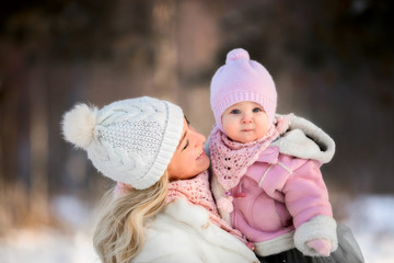 Beautiful Mother and daughter winter portrait 