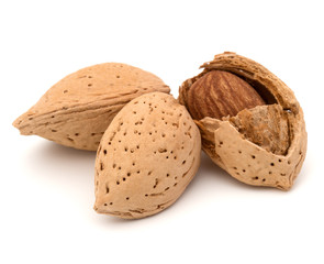 Almond nut in shell and shelled isolated on white background close up