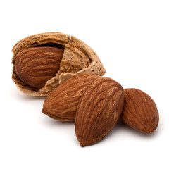 Almond nut in shell and shelled isolated on white background close up