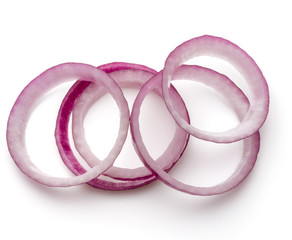 Sliced red onion rings isolated on white background cutout