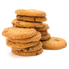 Stacked Chocolate chip cookies isolated on white background. Sweet biscuits. Homemade pastry.