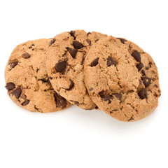 Three Chocolate chip cookies isolated on white background. Sweet biscuits. Homemade pastry.