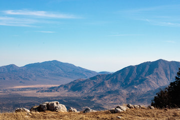Landscape overlooking Mojave desert and mountains from Volcan Mountain Preserve view point in Julian, california