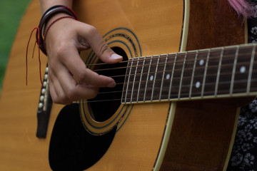 music learning and play concept of soft focus right hand on acoustic guitar string