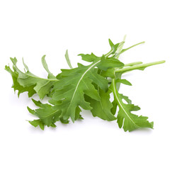 Close up studio shot of green fresh rucola leaves isolated on white background. Rocket salad or arugula.