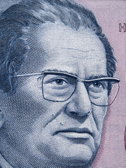 Josip Broz Tito portrait on Yugoslavia 5000 dinara (1985) banknote closeup macro, leader of...