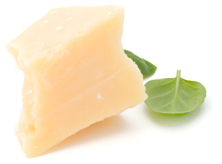 One parmesan cheese shred and basil leaf isolated on white background cutout