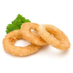 Crispy deep fried onion or Calamari ring isolated on white background