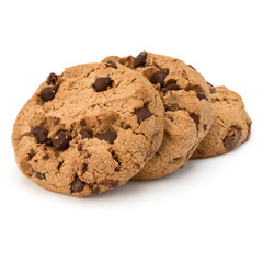 Three Chocolate chip cookies isolated on white background. Sweet biscuits. Homemade pastry.