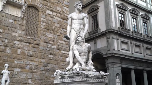 Piazza della Signoria, Florence, Tuscany, Italy &mdash; 21 June 2018. View of the Ercole e Caco statue