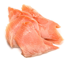 smoked salmon segments isolated on white background cutout. Prepared fish fillet fibres.