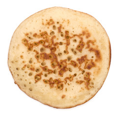 One pancake isolated on white background cutout. Top view.