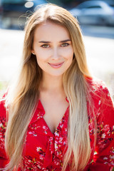 Portrait close up of young beautiful blonde woman