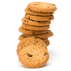 Stacked Chocolate chip cookies isolated on white background. Sweet biscuits. Homemade pastry.
