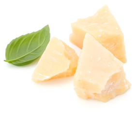 shredded parmesan cheese and basil leaf isolated on white background cutout