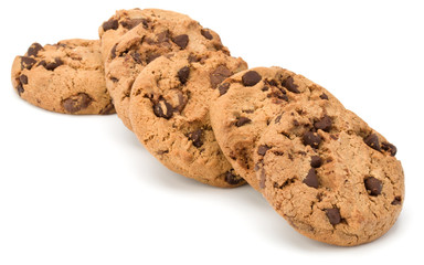 Chocolate chip cookies isolated on white background. Sweet biscuits. Homemade pastry.