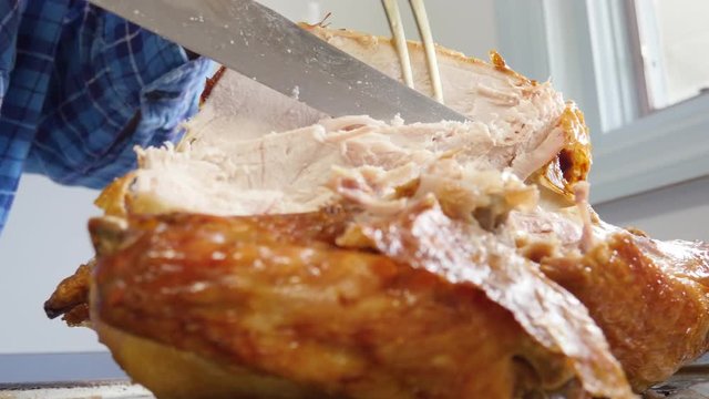 Closeup of a man carving a turkey for a holiday dinner in 4k. The roasted poultry is traditionally served at the Thanksgiving meal. Natural light fills the rustic home kitchen.
