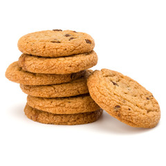 Stacked Chocolate chip cookies isolated on white background. Sweet biscuits. Homemade pastry.