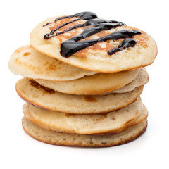 Pancakes  stack with chocolate syrup on white background