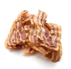 cooked crispy slices of bacon isolated on white background