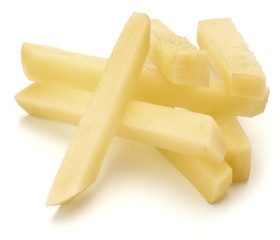 Raw Potato sliced strips prepared for French fries isolated on white background