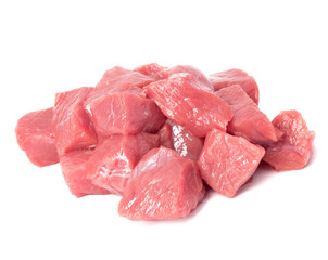 Raw chopped beef meat pieces isolated om white background cut out.