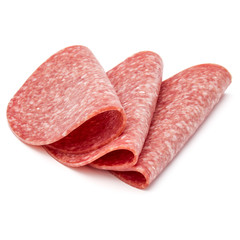 Salami smoked sausage slices isolated on white background