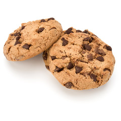 Three Chocolate chip cookies isolated on white background. Sweet biscuits. Homemade pastry.