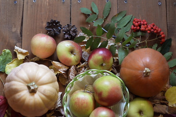 Autumn still life with two pumpkins and a basket with apples, surrounded by herbarium of leaves, flowers, berries and pine cones.