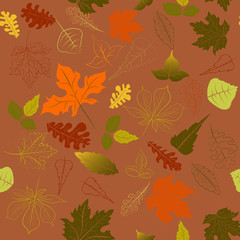 A seamless pattern on an autumn theme with orange and green leaves on a brown background.