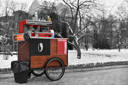Street Drinks and Coffee cart on wheels in Central Park of New York in winter in bw style