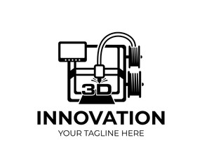 3D printer, technology and innovation, logo design. Electronic three dimensional plastic printer, manufacturing automation, mechanism and device, vector design and illustration