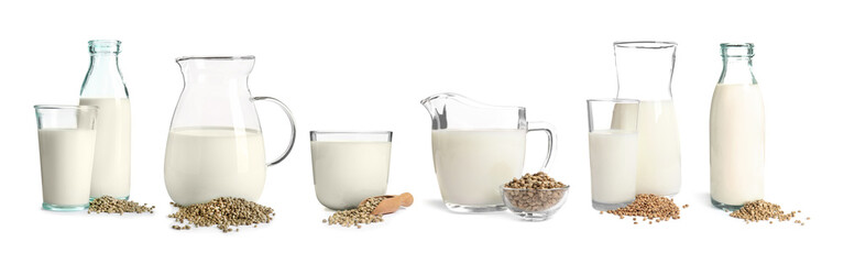 Set with non-dairy vegan hemp milk on white background