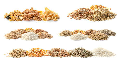 Set with different cereal grains on white background