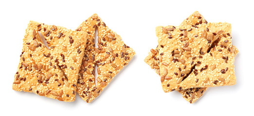 Set with grain cereal cookies on white background, top view. Healthy snacks
