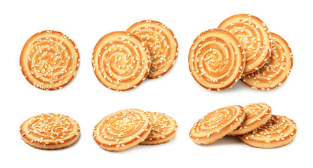 Set with grain cereal cookies on white background. Healthy snacks