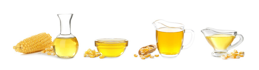 Set with fresh corn oil on white background